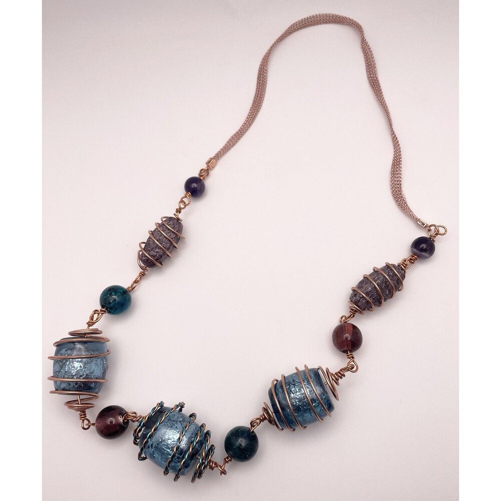 Artisan Copper Chunky Glass & Acrylic Blue Purple Bead Necklace Signed